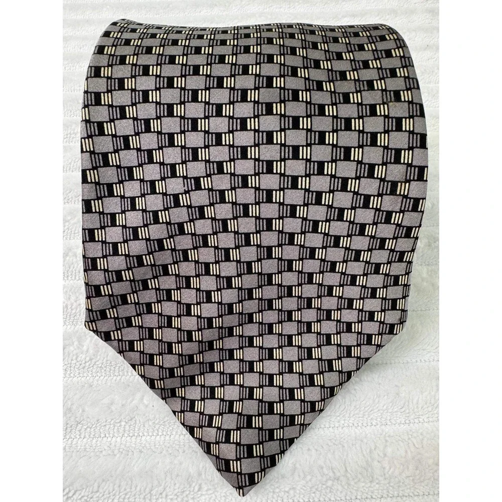 Perry Ellis Portfolio Mens Grey Black Geometric Silk Tie Made in USA 4 Inch Wide